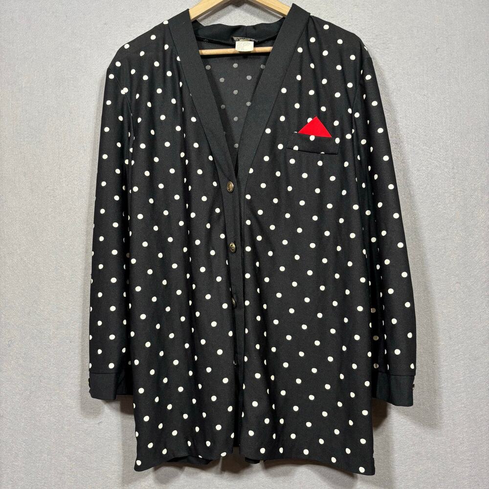 Vtg Jenny Polka Dot Cardigan Blouse 16 Black White‎ Red Retro Statement Classic